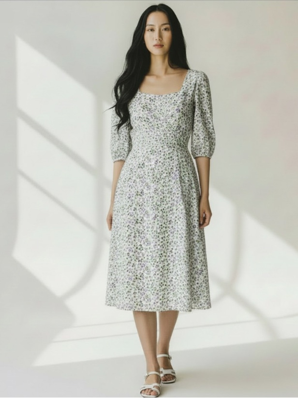 Floral Square-Neck Midi Dress Sz S Belted Feminine Romantic Puff Sleeve